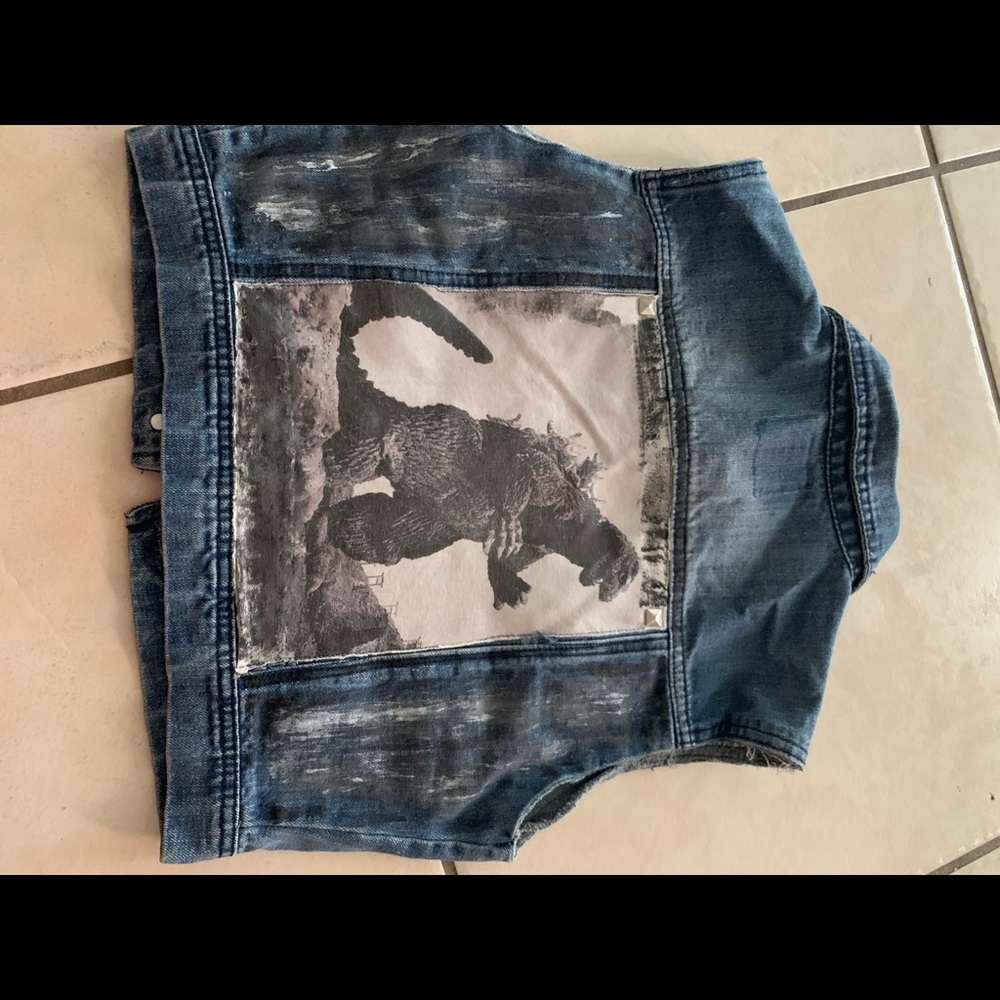 Kids Jean vest Godzilla themed size 5-6